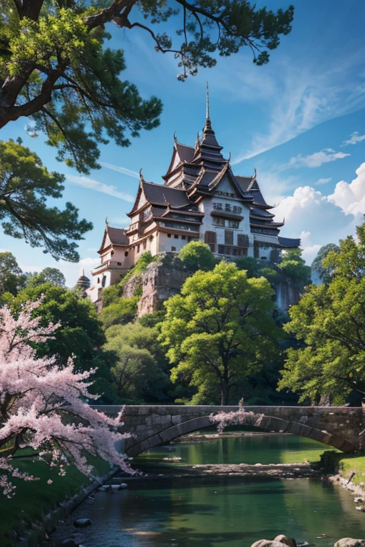 ancient จีน castle, cherry tree  ,uhd ,4K,8K, Realistic picture, Highly detailed