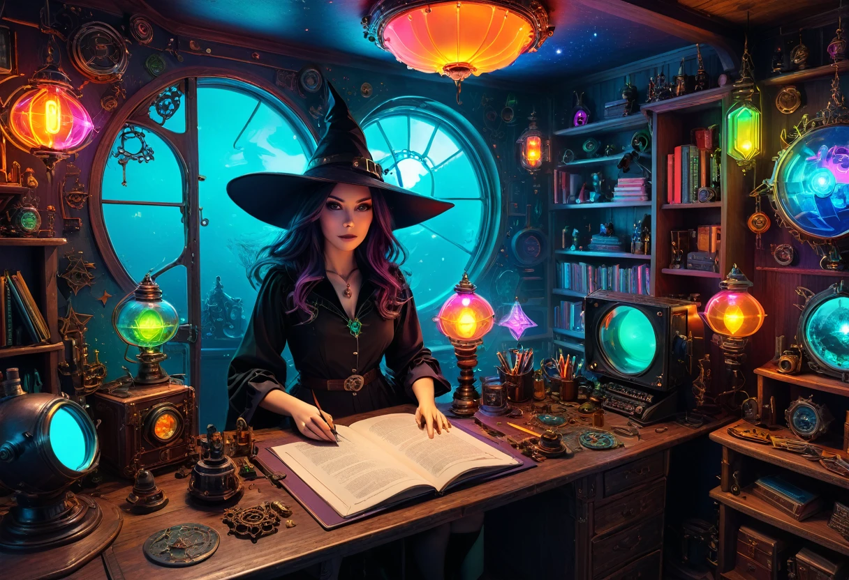 ((dawn)), seabed, Magic Cauldron, wood, absurd detailed, board, (Desktop witch magic:2), cockpit, Flight Instruments, Communication network, Documents on the desk, Bookshelf, mirror, door,(camera,engine:1), ((Colorful neon lamps)), Intricate details, detailed,(Octagon:0.5), photograph