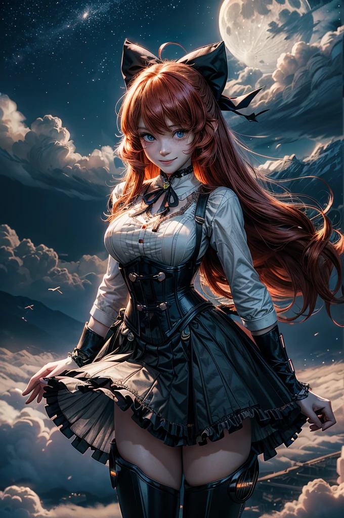 night, moon, stars, cowboy shot, (dynamic pose), smile,  underbust, Penny Polendina, long red hair, neck ribbon, suspender skirt, corset, black bow, white blouse, mechanical legs, neon trim, flying in the sky, blue sky, clouds (volumetric lighting), intricate details, tonemapping, sharp focus, hyper detailed

