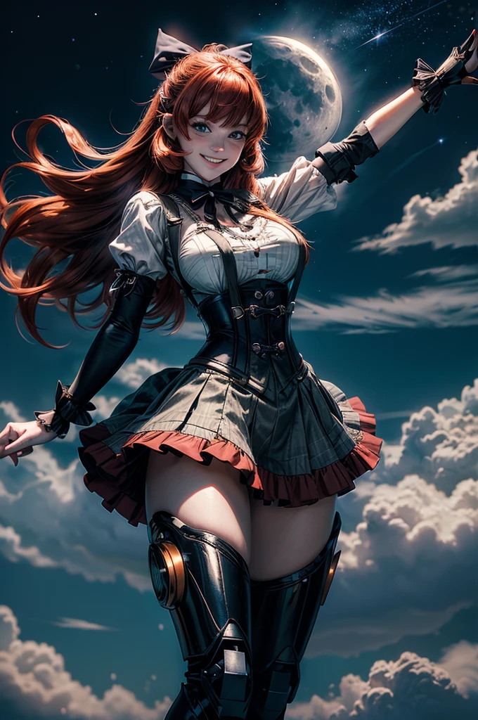 night, moon, stars, cowboy shot, (dynamic pose), smile,  underbust, Penny Polendina, long red hair, neck ribbon, suspender skirt, corset, black bow, white blouse, mechanical legs, neon trim, flying in the sky, blue sky, clouds (volumetric lighting), intricate details, tonemapping, sharp focus, hyper detailed

