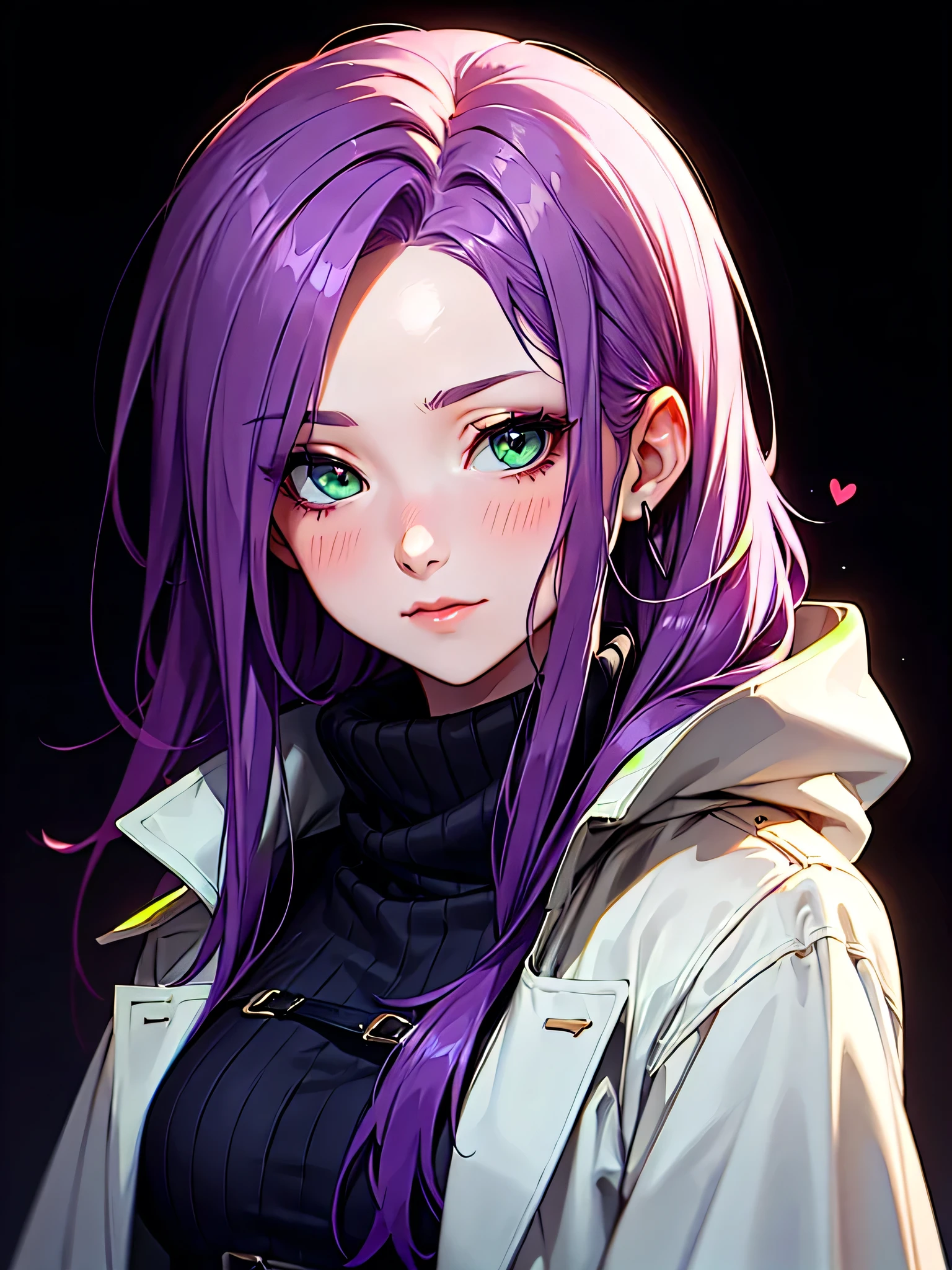 ((Portrait)), She has an Graceful, Purple-Haired Appearance, with Childlike Charm, Pale Skin, and a Very Small Build. She Expresses a Warm and Blushing Look, Giving Off an Introverted Attitude. She has Light Green Eyes, and Her Hair is Long and Tousled, Dark Purple, with Strands Falling Over Her Forehead. She Wears a Winter Coat. ((Portrait, HDR, Dark Background))