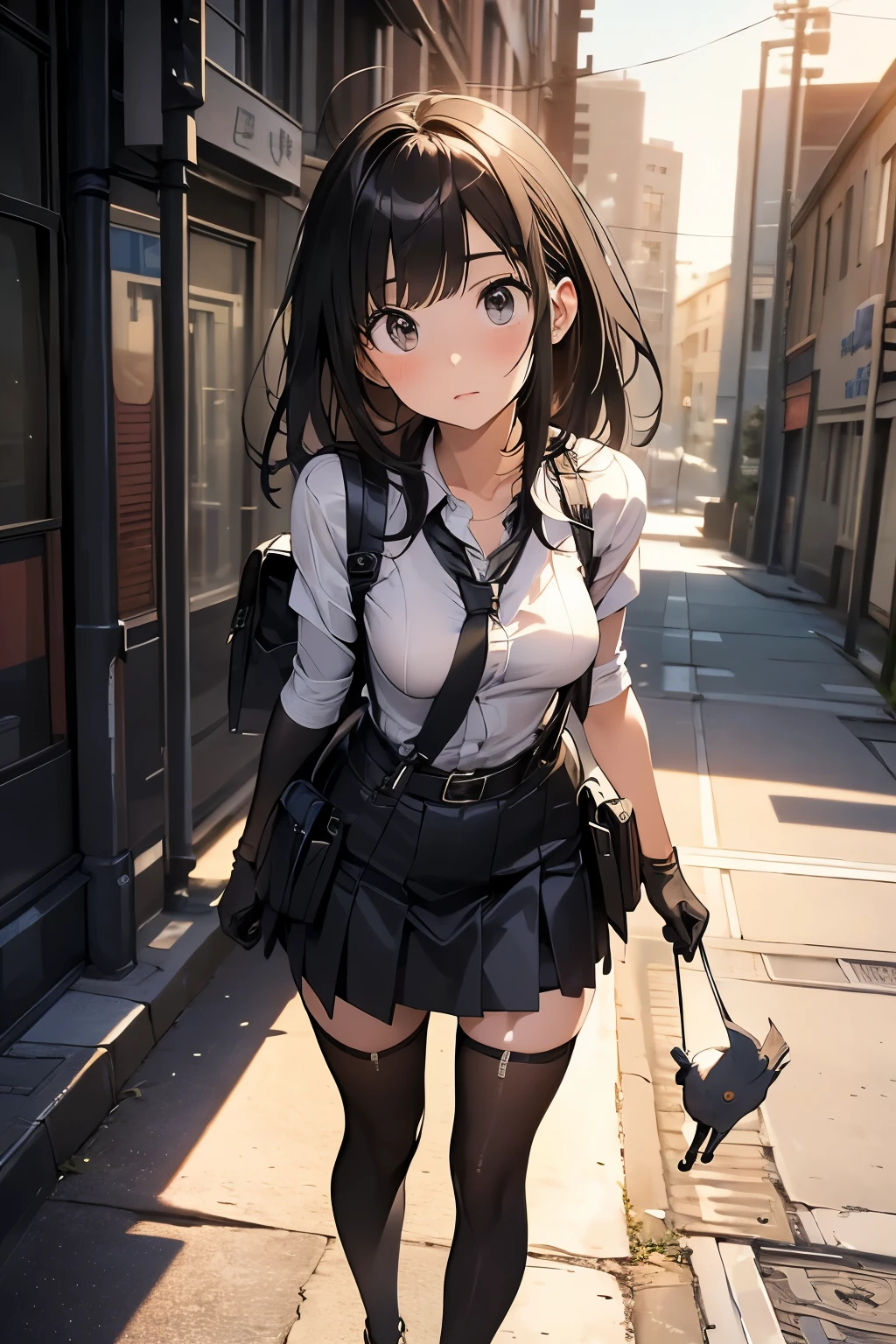 high quality, masterpiece, Ultra-high resolution, (realism: 1.4), Oil painting style, Cinema Lighting, , I stood on the empty asphalt road and looked at it., And the suspenders with the cranes flying　　Large Breasts　 　 　　　　Small face　 　　　holster　　　　　　　 Lying in bed　Looking up　　　　Sweat 　　　belt　summer　脇Sweat 　Black Hole Gloves　suit　　　　 mini skirt　garterbelt　Leg Links　ズボンにbelt　　holster　 　　Hands behind your back　 Anxious expression　Looking up　Anxious face　Knee-high　Knee socks　Knee-highソックス garterbelt　garter