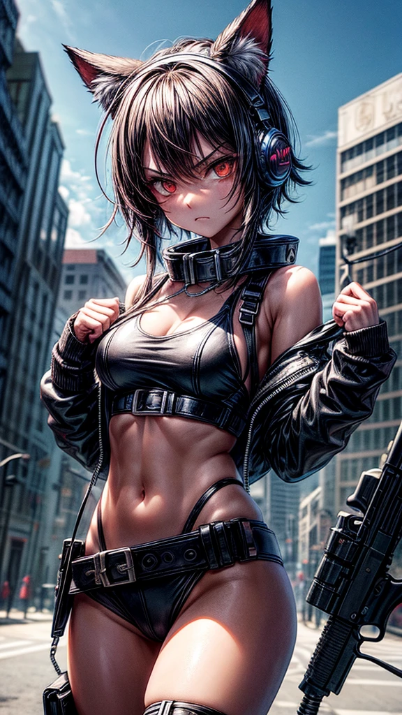 1 Garota ciborgue estilo ciberpunk em pose de combate holding a gun gigante estilo canhão apontando a arma para o espectador, swimsuit style clothes, belt, wearing headphones with cat ears, Eyes red, face with angry expression, light skin short black hair, background abandoned city wearing collar, neckleace, mitts, leather textured clothing with cybernetic details, holding a gun