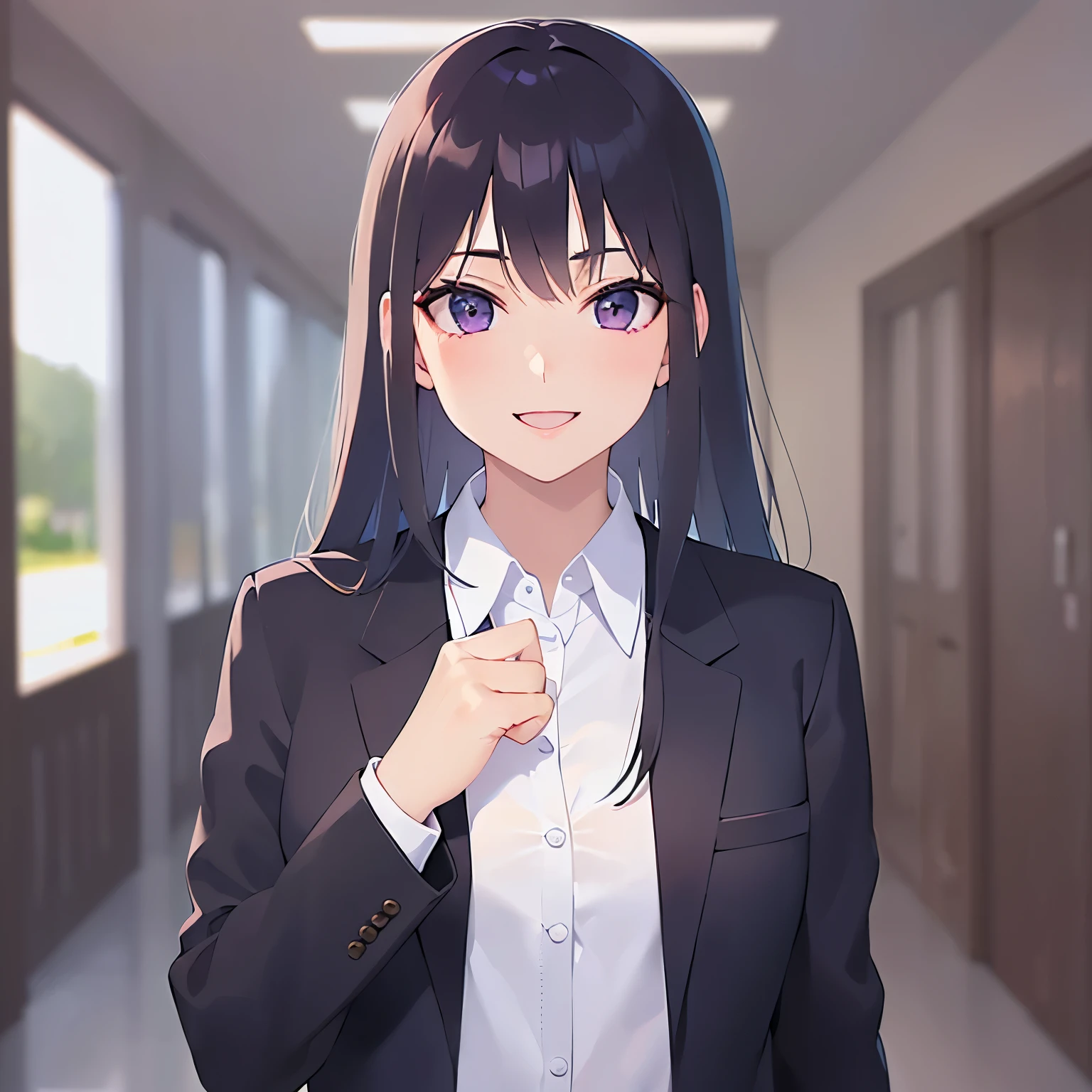 (fist:1.5)、Biologically correct five fingers、Realistic, real person, (pale skin: 1.2), RAW photo, photorealistic, shiny skin, shiny hair、(A 25-year-old woman with straight hair and bangs) and (medium hair) and (black hair) and (purple eyes) , (business suit:1.5) and (white collared shirt)、(smile:1.5), open mouth, The background is a company corridor、Alone、