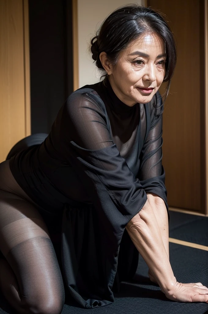 (masterpiece:1.4),(Beautiful 63 year old woman:1.5),(Facial wrinkles : 1.2), (facing away : 1.1), happy, (hair tied up : 1.1), (long black mourning dress), (black nylon tights : 1.2), Motherhood Mature Woman, plump thighs, (focus on thighs : 1), on knees, on tatami, japanese house