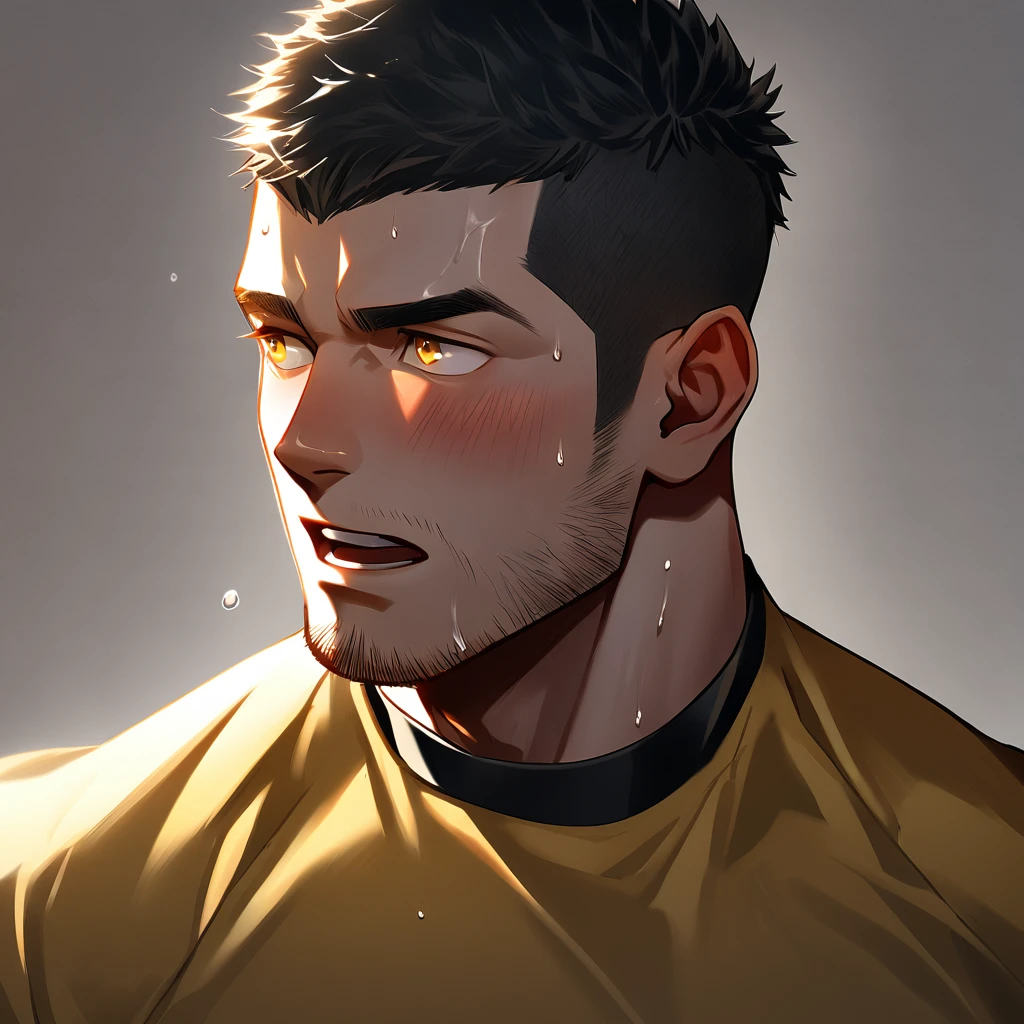 1muscular sportsman, male focus, Buzz Cut, Yellow and black tight T-shirt, Very tight, muscular male, muscular, only, Upper body, alone, look to the side, short hair, stubble, sweat, black hair, Yellow eyes, open lips, White background, simple background, amazing quality, best aesthetics, Ridiculous, crew cut, moaning, blush, chiaroscuro, cinematic lighting, best quality, textured skin