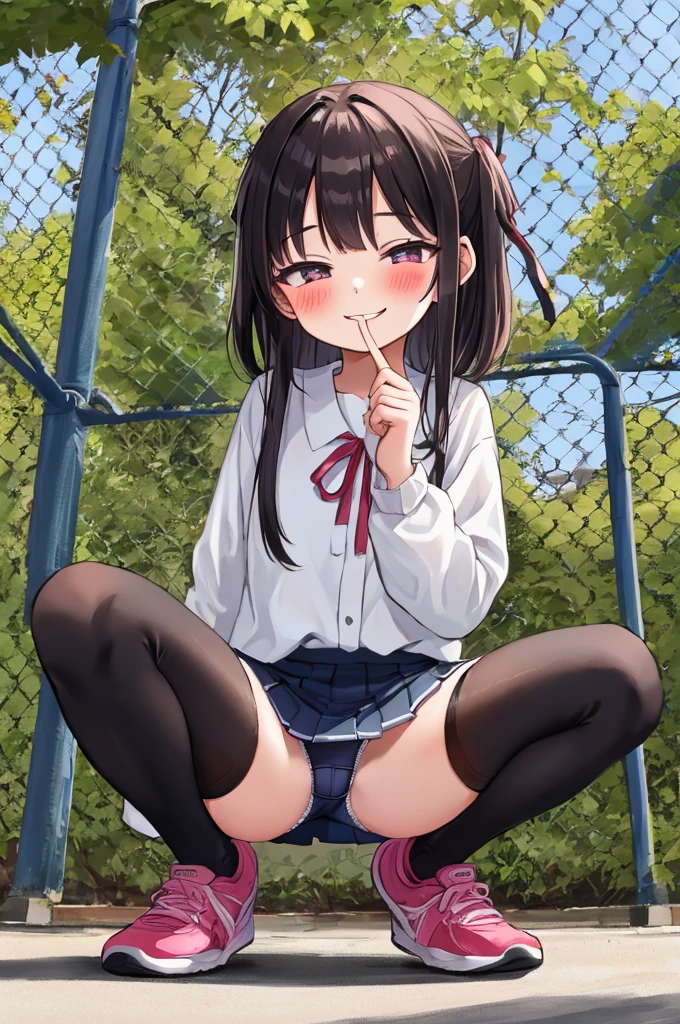 1girl,,,,squatting,open legs,spread legs,outdoor,miniskirt,panties,from below,(smile,blush),socks,shoes,white blouse,black thighhighs,ribbon