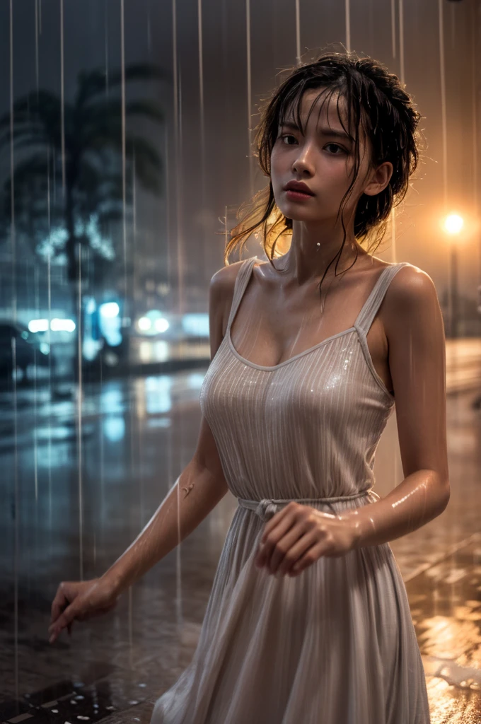 a young beautiful woman, (dancing in the rain:1.5), intricate detailed face, beautiful eyes, detailed lips, delicate skin, wet hair, graceful movement, flowing dress, rain drops, overcast sky, dramatic lighting, cinematic composition, painterly style, muted color palette, dramatic atmosphere