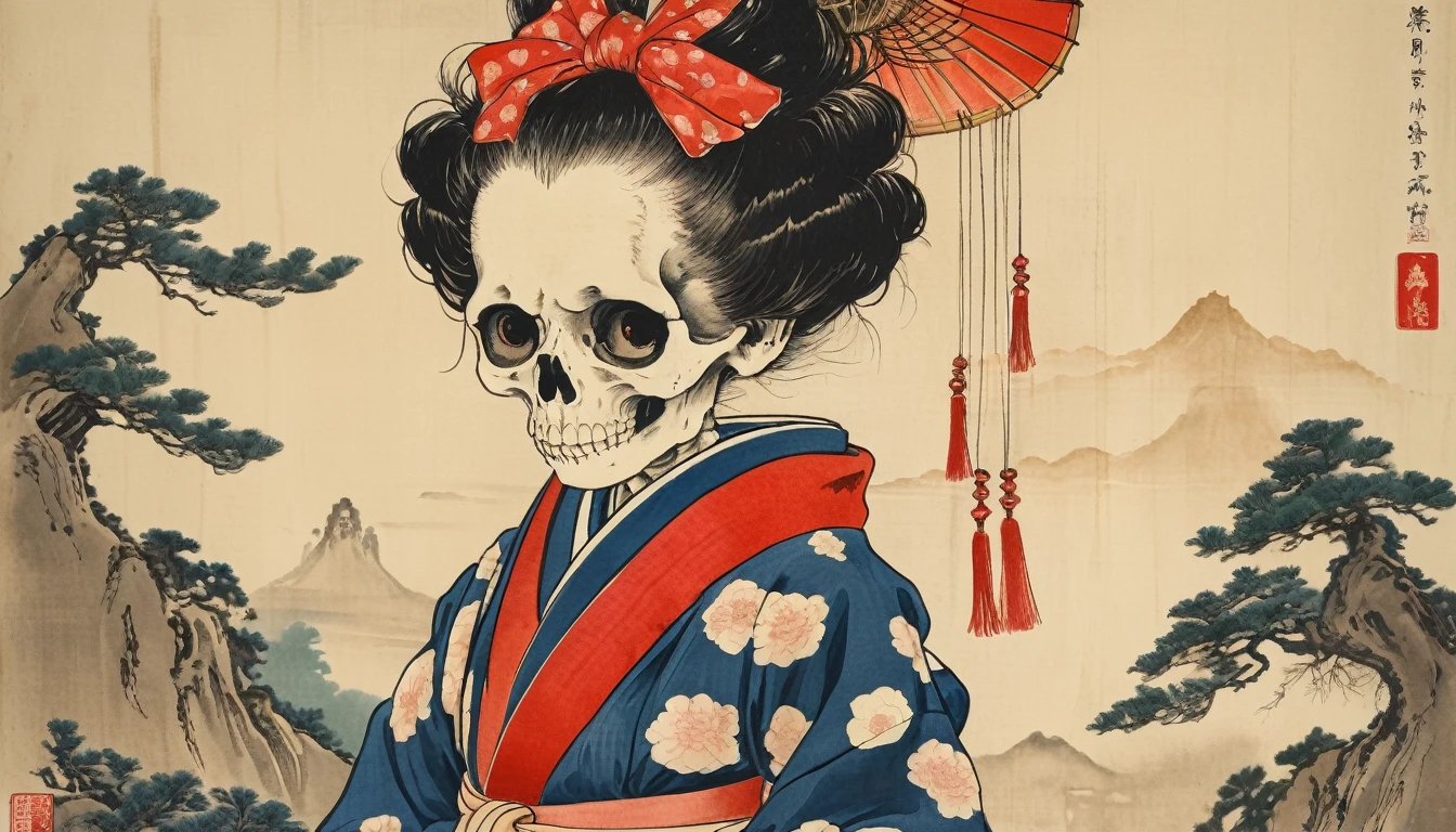 (((Katsushika Hokusai))), ((Cute skeleton wearing a kimono)), Red ribbon on head, Horror elements