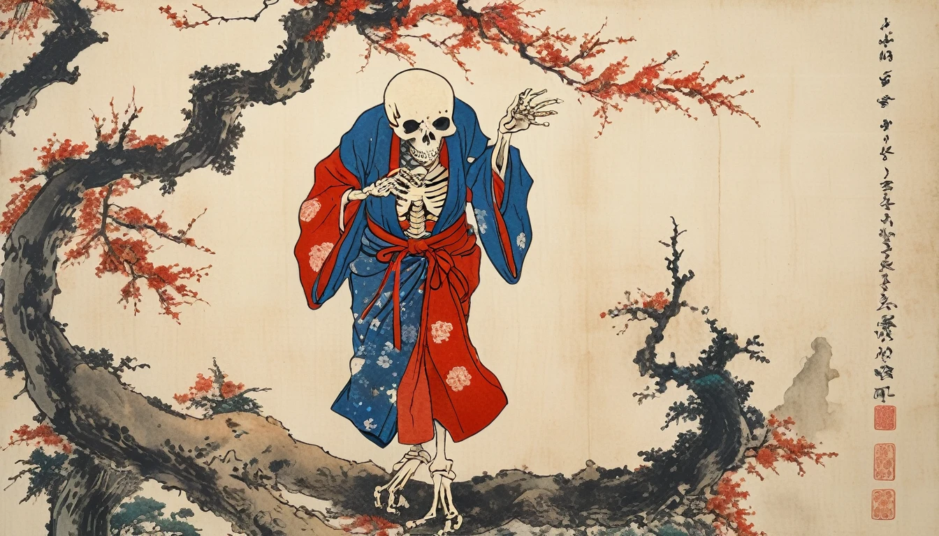 (((Katsushika Hokusai))), ((Cute skeleton wearing a kimono)), Red ribbon on head, Horror elements