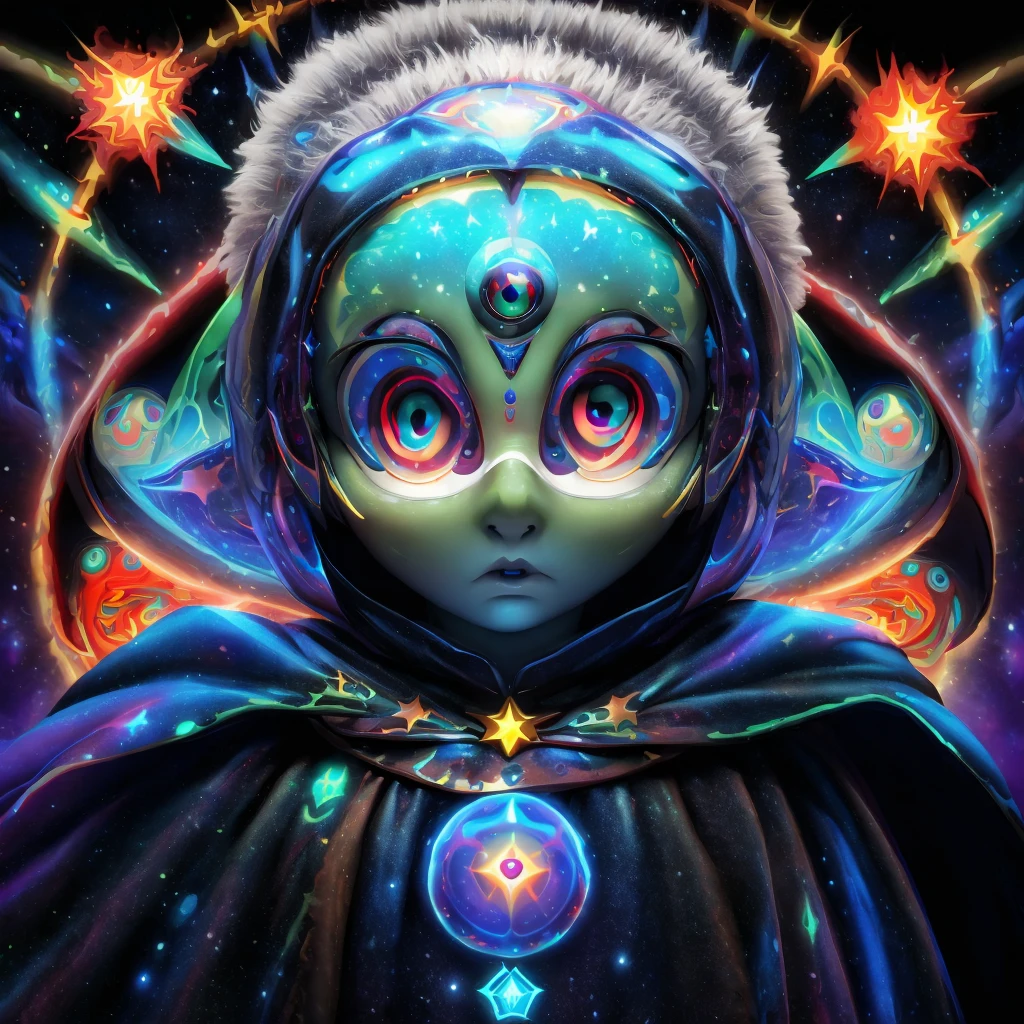 (A alien  dressed as a star, starburst illustration to a fantasy world, 5 year old , white hair, black multicolored hair, Celestial mystical Gaze, Profound Depth in pitch-black Eyes, Child's Face Dominating Frame, haunting pale white Complexion, Perfect Exposure, best quality, 4k, 8k, highres, masterpiece, ultra-detailed, zoga, green skin, robotic glows eyeball, black cape, black opal alien, psychedelic, cute illuminated, starry surreal, big-eyed, galactic, 3-dimensional animated, rendered)