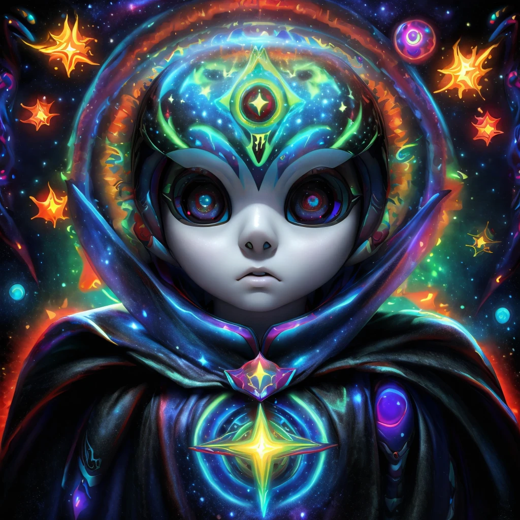 (A alien  dressed as a star, starburst illustration to a fantasy world, 5  , white hair, black multicolored hair, Celestial mystical Gaze, Profound Depth in pitch-black Eyes, Child's Face Dominating Frame, haunting pale white Complexion, Perfect Exposure, best quality, 4k, 8k, highres, masterpiece, ultra-detailed, zoga, green skin, robotic glows eyeball, black cape, black opal alien, psychedelic, cute illuminated, starry surreal, big-eyed, galactic, 3-dimensional animated, rendered)