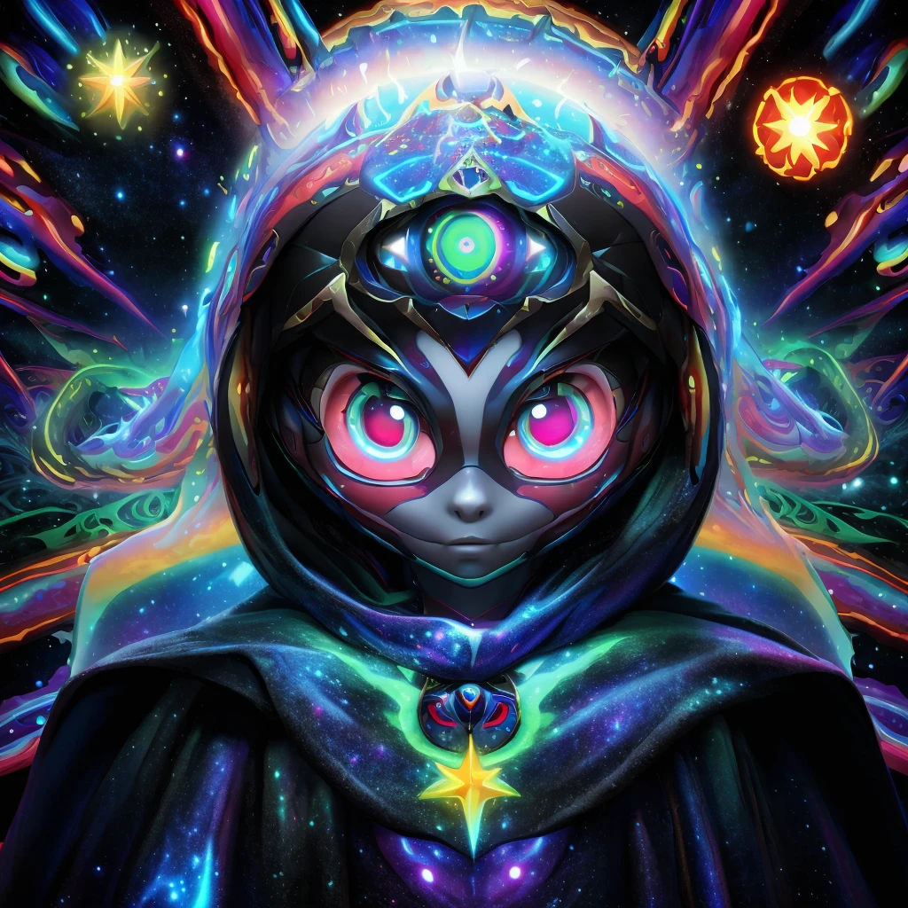 (A alien  dressed as a star, starburst illustration to a fantasy world, 5 year old , white hair, black multicolored hair, Celestial mystical Gaze, Profound Depth in pitch-black Eyes, Child's Face Dominating Frame, haunting pale white Complexion, Perfect Exposure, best quality, 4k, 8k, highres, masterpiece, ultra-detailed, zoga, green skin, robotic glows eyeball, black cape, black opal alien, psychedelic, cute illuminated, starry surreal, big-eyed, galactic, 3-dimensional animated, rendered)