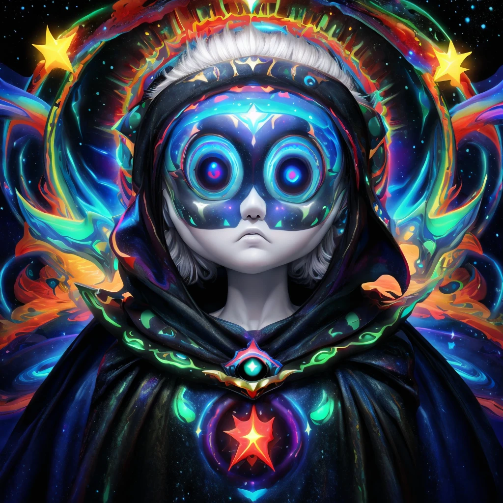 (A alien  dressed as a star, starburst illustration to a fantasy world, 5  , white hair, black multicolored hair, Celestial mystical Gaze, Profound Depth in pitch-black Eyes, Child's Face Dominating Frame, haunting pale white Complexion, Perfect Exposure, best quality, 4k, 8k, highres, masterpiece, ultra-detailed, zoga, green skin, robotic glows eyeball, black cape, black opal alien, psychedelic, cute illuminated, starry surreal, big-eyed, galactic, 3-dimensional animated, rendered)