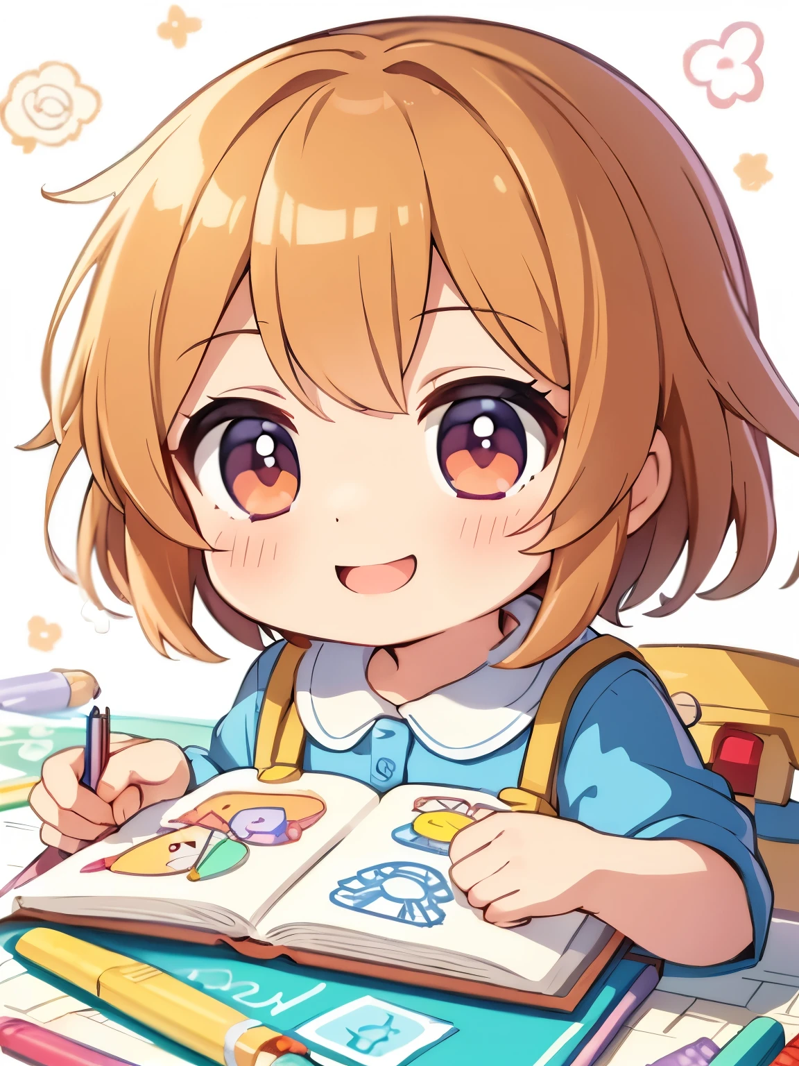 masterpiece, best quality, extremely detailed, anime, , chibi,kindergartener, kindergarten costume, kindergarten, sketchbook, crayon, ((doodle)), smile,
