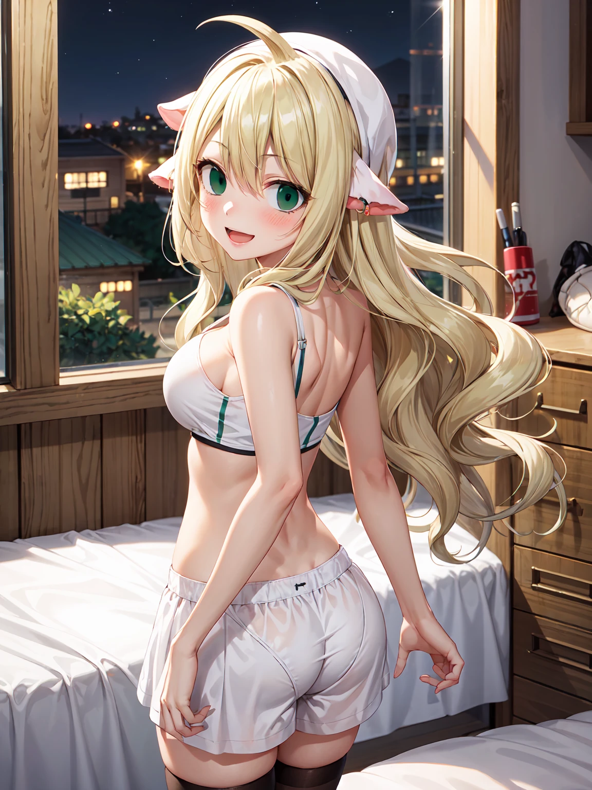 Masterpiece ,best quality , high resolution , (1 girl solo:1.38) , (mavis, long hair, blonde hair, (green eyes:1.5), ahoge, wavy hair) , (cleavage:1.2) , (medium breast:1.28) , (wear baseball hat , belly , navel , sport top , sport short , stockings ) , (cleavage:1.15) , (big breast:1.1) , (face view , look at view , from behind , from back , head back , looking back) , (indoor , in house , windows , night , lamp , bedroom) , (standing , cow_boy_shot) , ( smile , open mouth , full face blush , shy )