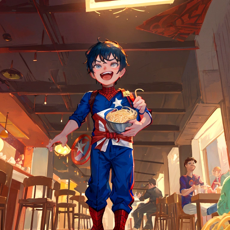 Inside a bustling restaurant, Baby Spider-Man, named Alex, is giggling as he weaves through tables and chairs with a bowl of noodles in hand. Baby Captain America, named John, is chasing after him, his tiny shield bobbing up and down. The scene is filled with colorful, ???-friendly decor, and the restaurant is lively with happy children and staff. As Alex bursts out of the restaurant onto the busy street, he effortlessly dodges people and vehicles, while John follows determinedly. The atmosphere is chaotic yet playful, capturing the humorous and energetic chase, style cartoon, lighting bright and cheerful, details intricate, expression playful and funny, background detailed and vibrant
