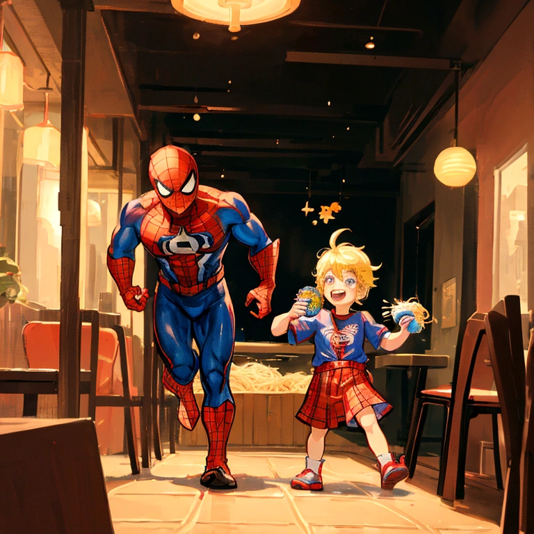 Inside a bustling restaurant, Baby Spider-Man, named Alex, is giggling as he weaves through tables and chairs with a bowl of noodles in hand. Baby Captain America, named John, is chasing after him, his tiny shield bobbing up and down. The scene is filled with colorful, kid-friendly decor, and the restaurant is lively with happy children and staff. As Alex bursts out of the restaurant onto the busy street, he effortlessly dodges people and vehicles, while John follows determinedly. The atmosphere is chaotic yet playful, capturing the humorous and energetic chase, style cartoon, lighting bright and cheerful, details intricate, expression playful and funny, background detailed and vibrant