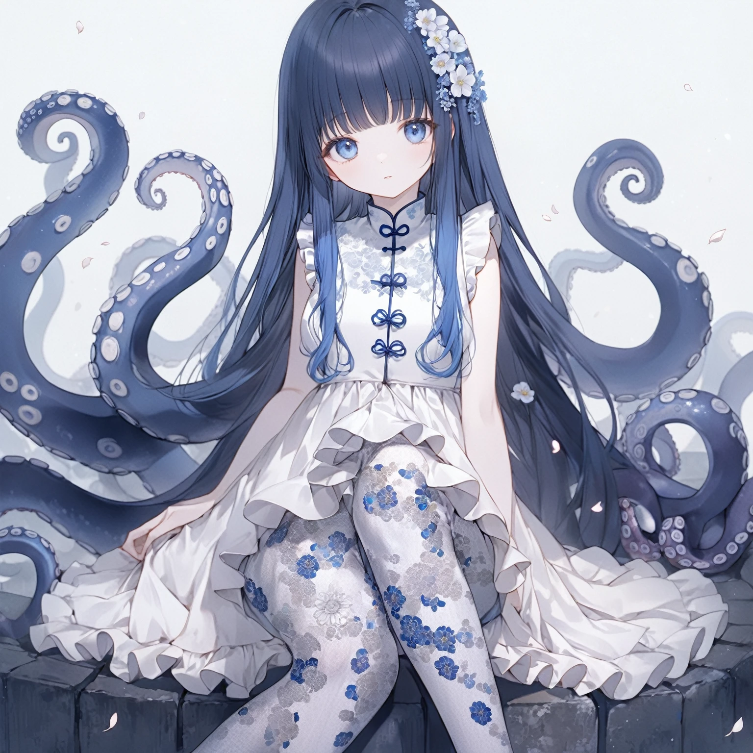 ultra-detailed illustration of cute girl, solo, dark blue long hair, octopus hair, beautiful blue eyes, chinese clothes, detailed white gothic dress, flared frilled sleeve, floral tights, sitting on a stone wall, white flowers, petals, a disgruntled look, masterpiece, best quality, beautiful illustration, very aesthetic art