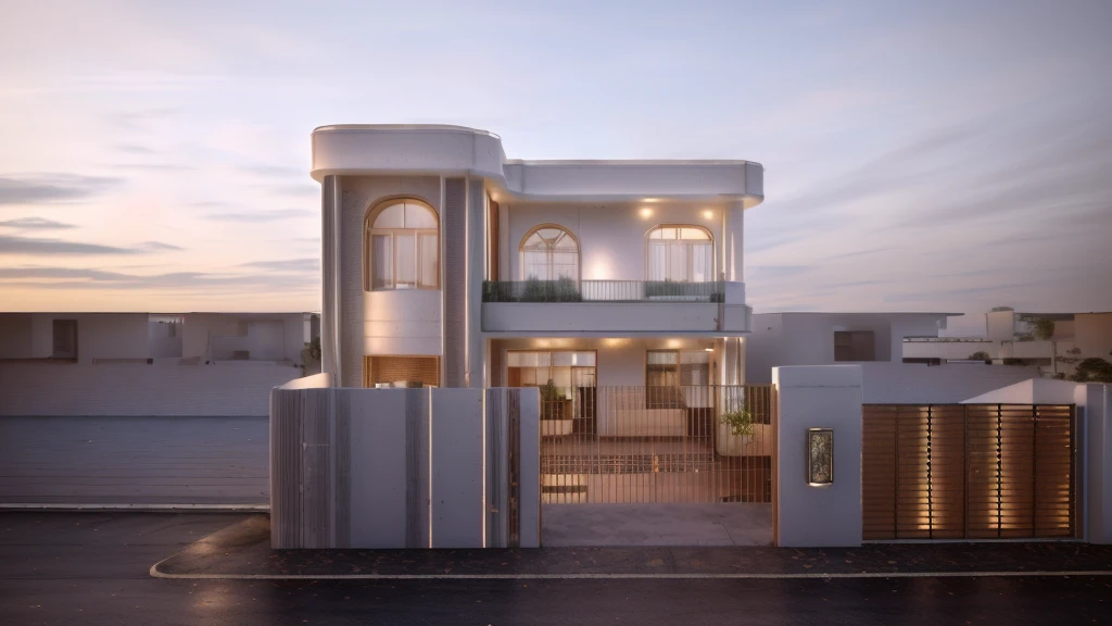 a rendering of a two story house with a gate and a fence, complete house, frontview, white, architectural concept, 3d rendering, 3 d rendering, exterior design, highly detailed architecture, front perspective, house on background, residential design, with 3 d render, with 3d render, architectural design, front elevation view, realistic building, front-view, Tree background