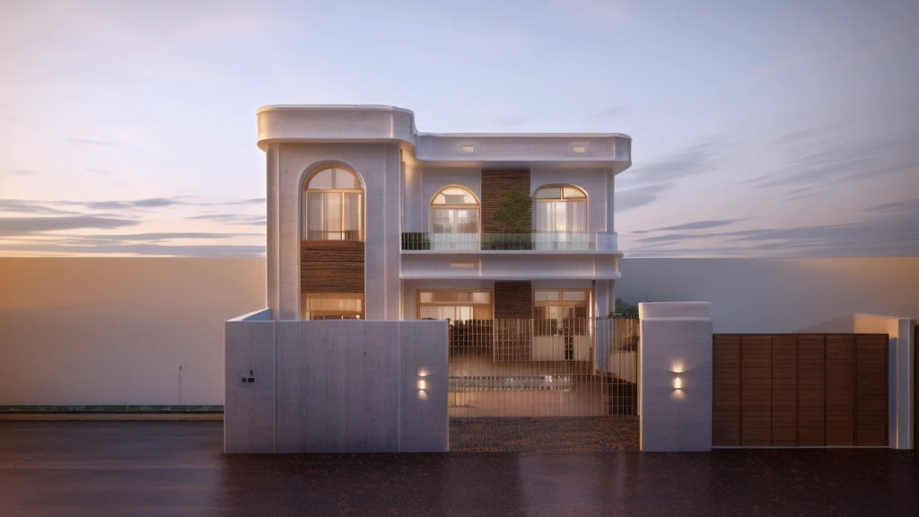 a rendering of a two story house with a gate and a fence, complete house, frontview, white, architectural concept, 3d rendering, 3 d rendering, exterior design, highly detailed architecture, front perspective, house on background, residential design, with 3 d render, with 3d render, architectural design, front elevation view, realistic building, front-view, Tree background