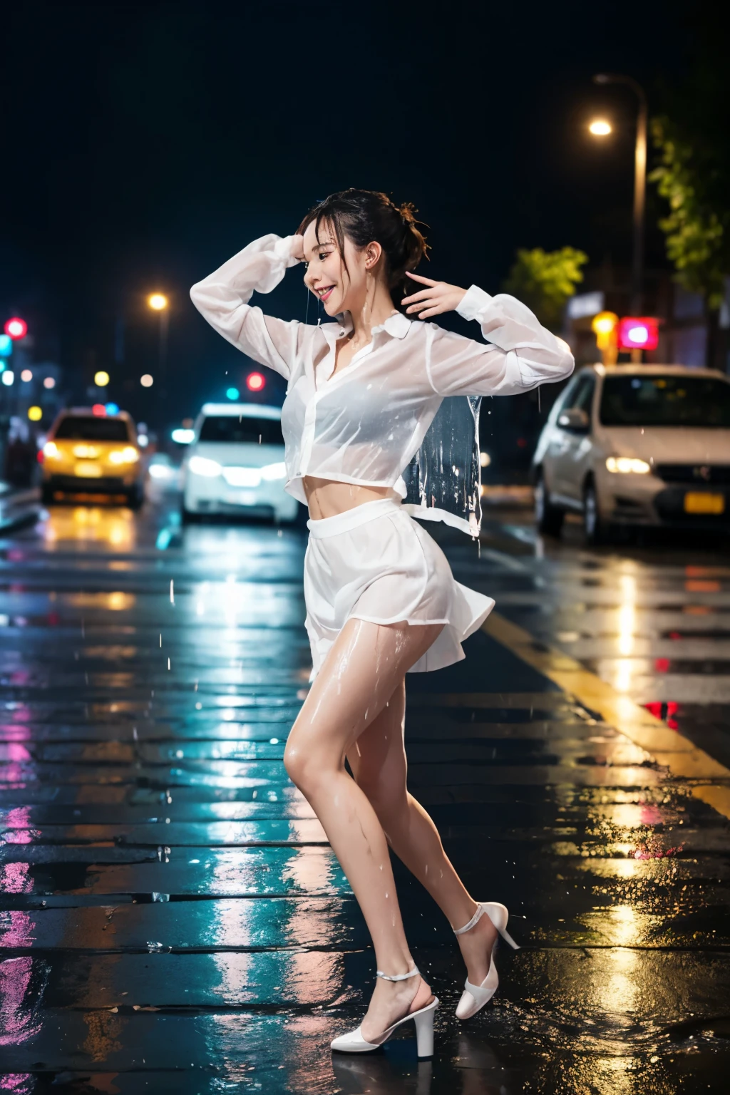 1woman, Dancing in the Rain, (brilliant dancing), on the street, It's raining so hard, get soaked