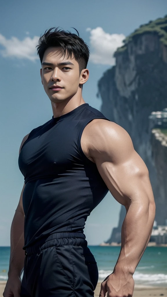 (Create a masterpiece: 1.2),(CGI art:1.3),(realistic:1.5),(After processing:1.3), (Sharp focus:1.3), 1 man, open mouth, smile, (Navy blue round neck shirt), Navy cargo pants, Korean guy , korean men, (High gloss details), chest muscles, large arm muscles, blood vessel, Big muscles, Broad shoulders, looking at the audience, Balancing the eyes, Seaside, beach, sunlight, running towards the camera