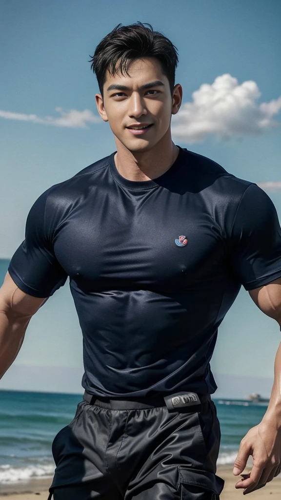 (Create a masterpiece: 1.2),(CGI art:1.3),(realistic:1.5),(After processing:1.3), (Sharp focus:1.3), 1 man, open mouth, smile, (Navy blue round neck shirt), Navy cargo pants, Korean guy , korean men, (High gloss details), chest muscles, large arm muscles, blood vessel, Big muscles, Broad shoulders, looking at the audience, Balancing the eyes, Seaside, beach, sunlight, running towards the camera