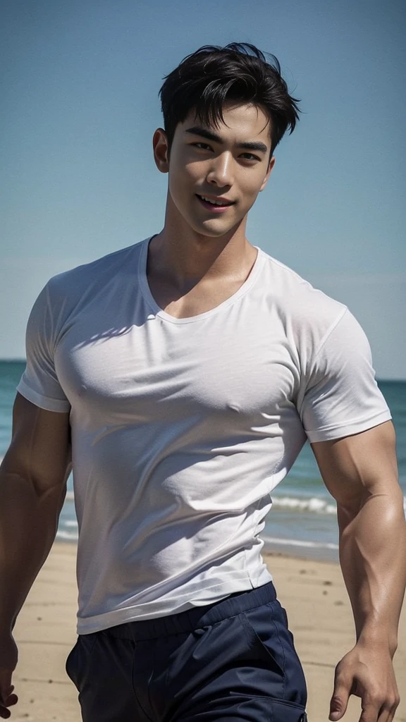 (Create a masterpiece: 1.2),(CGI art:1.3),(realistic:1.5),(After processing:1.3), (Sharp focus:1.3), 1 man, open mouth, smile, (Navy blue round neck shirt), Navy cargo pants, Korean guy , korean men, (High gloss details), chest muscles, large arm muscles, blood vessel, Big muscles, Broad shoulders, looking at the audience, Balancing the eyes, Seaside, beach, sunlight, running towards the camera