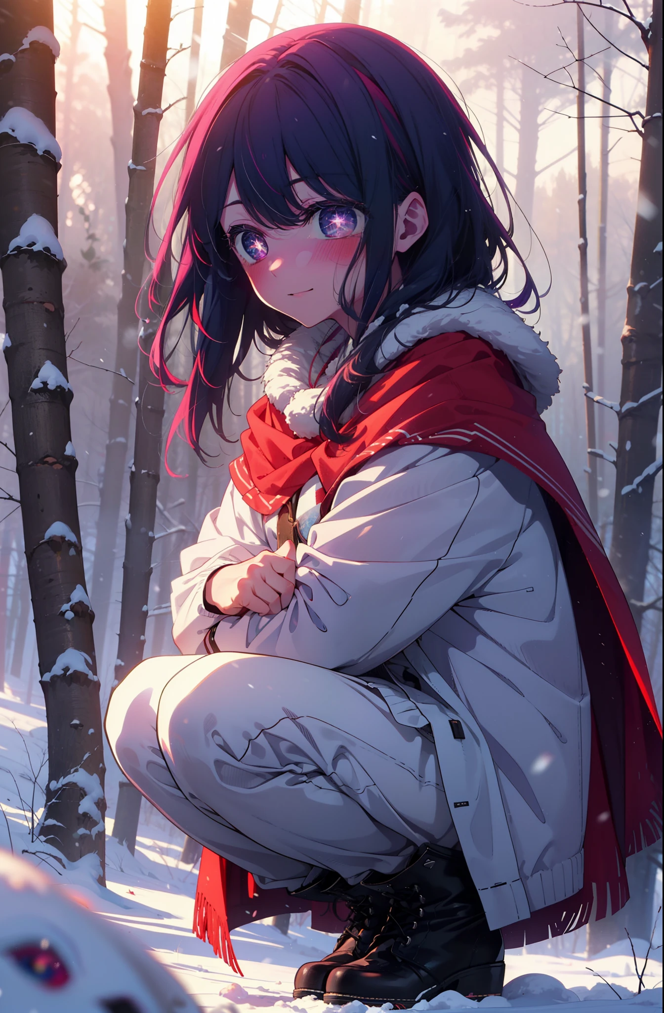 aihoshino, Ai Hoshino, Long Hair, bangs, (Purple eyes:1.1), Purple Hair, (Symbol-shaped pupil:1.5), smile,,smile,blush,White Breath,
Open your mouth,snow,Ground bonfire, Outdoor, boots, snowing, From the side, wood, suitcase, Cape, Blurred, , forest, White handbag, nature, Squat, Mouth closed, Cape, winter, Written boundary depth, Black shoes, red Cape break looking at viewer, Upper Body, whole body, break Outdoor, forest, nature, break (masterpiece:1.2), Highest quality, High resolution, unity 8k wallpaper, (shape:0.8), (Beautiful and beautiful eyes:1.6), Highly detailed face, Perfect lighting, Highly detailed CG, (Perfect hands, Perfect Anatomy),