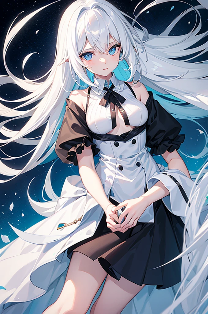 A girl,White long hair,Dissemination,Blue pupils,Big breasts,17-year-old girl,Humanity,A bit dull,A bit shy,Black dress