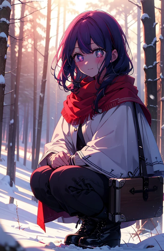 aihoshino, Ai Hoshino, Long Hair, bangs, (Purple eyes:1.1), Purple Hair, (Symbol-shaped pupil:1.5), smile,,smile,blush,White Breath,
Open your mouth,snow,Ground bonfire, Outdoor, boots, snowing, From the side, wood, suitcase, Cape, Blurred, , forest, White handbag, nature,  Squat, Mouth closed, Cape, winter, Written boundary depth, Black shoes, red Cape break looking at viewer, Upper Body, whole body, break Outdoor, forest, nature, break (masterpiece:1.2), Highest quality, High resolution, unity 8k wallpaper, (shape:0.8), (Beautiful and beautiful eyes:1.6), Highly detailed face, Perfect lighting, Highly detailed CG, (Perfect hands, Perfect Anatomy),
