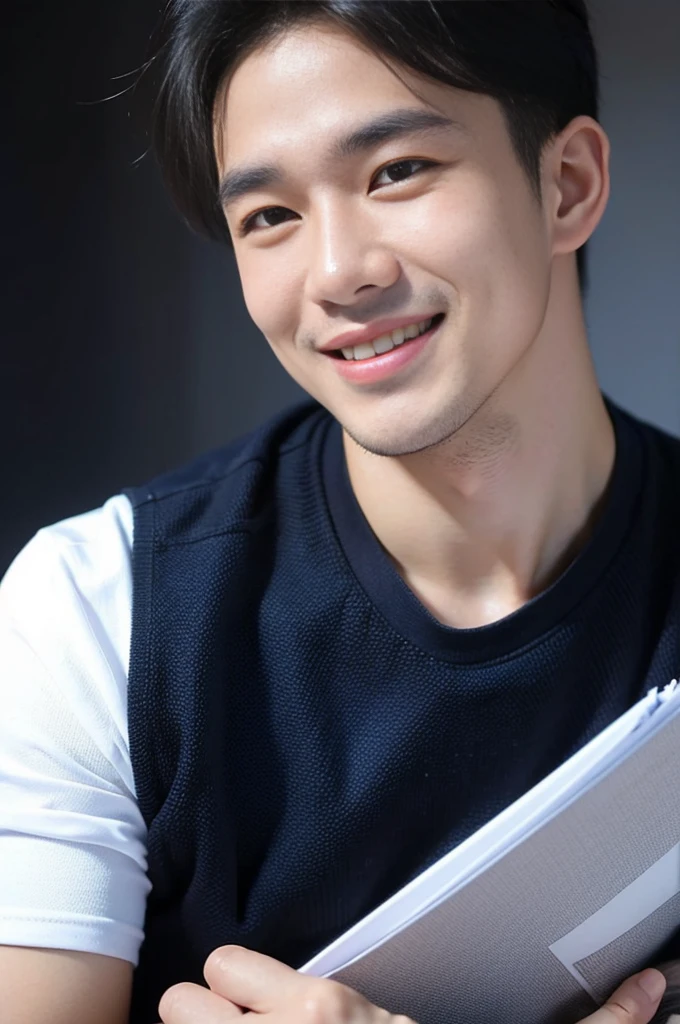((Highest quality, 8K, Masterpiece: 1.3))、Thailand Laos Burma Asia, Thai man, A handsome Asian rugby player with short hair, a muscular beard, and big muscles., １A man who has、 yo、Good appearance、Beautiful nose、smile、 Detailed eyes and face、beautiful light、(studio)、high resolution、（Look at the viewer.）、Fine mouth、smile、whole body: 1.5, perfect shape: 1.3, Picture of both shoulders:1.3, Navy blue round neck t-shirt:1.5