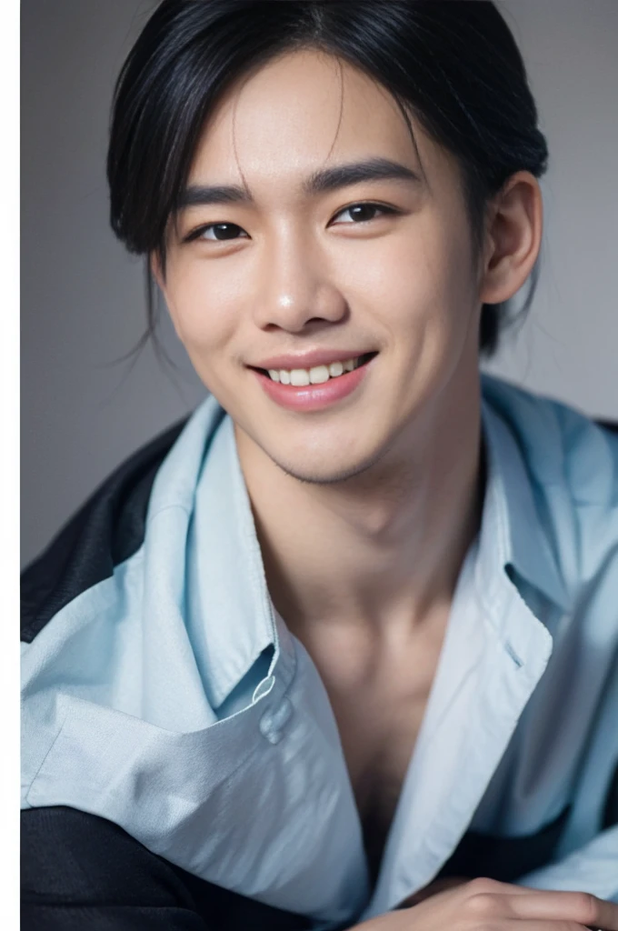 ((Highest quality, 8K, Masterpiece: 1.3))、Thailand Laos Burma Asia, Thai man, A handsome Asian rugby player with short hair, a muscular beard, and big muscles., 1A man who has、 yo、Good appearance、Beautiful nose、smile、 Detailed eyes and face、beautiful light、(studio)、high resolution、(Look at the viewer.)、Fine mouth、smile、whole body: 1.5, perfect shape: 1.3, Picture of both shoulders:1.3, Navy blue round neck t-shirt:1.5