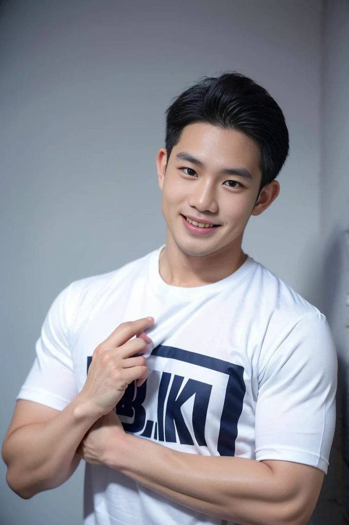 ((Highest quality, 8K, Masterpiece: 1.3))、Thailand Laos Burma Asia, Thai man, A handsome Asian rugby player with short hair, a muscular beard, and big muscles., 1A man who has、 yo、Good appearance、Beautiful nose、smile、 Detailed eyes and face、beautiful light、(studio)、high resolution、(Look at the viewer.)、Fine mouth、smile、whole body: 1.5, perfect shape: 1.3, Picture of both shoulders:1.3, Navy blue round neck t-shirt:1.5