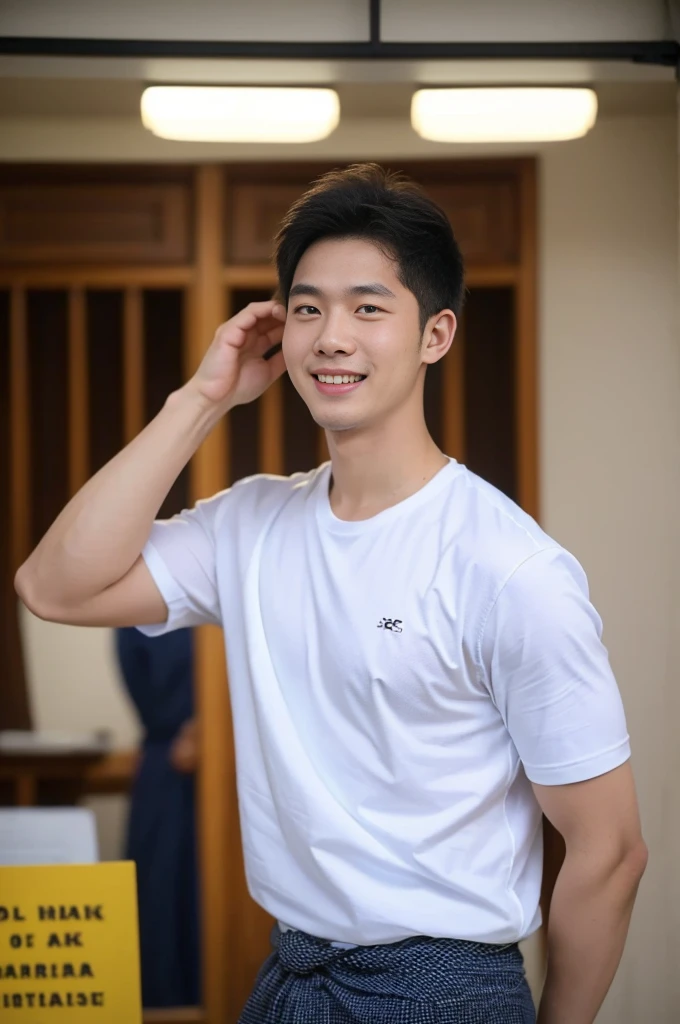 ((Highest quality, 8K, Masterpiece: 1.3))、Thailand Laos Burma Asia, Thai man, A handsome Asian rugby player with short hair, a muscular beard, and big muscles., 1A man who has、 yo、Good appearance、Beautiful nose、smile、 Detailed eyes and face、beautiful light、(studio)、high resolution、(Look at the viewer.)、Fine mouth、smile、whole body: 1.5, perfect shape: 1.3, Picture of both shoulders:1.3, Navy blue round neck t-shirt:1.5