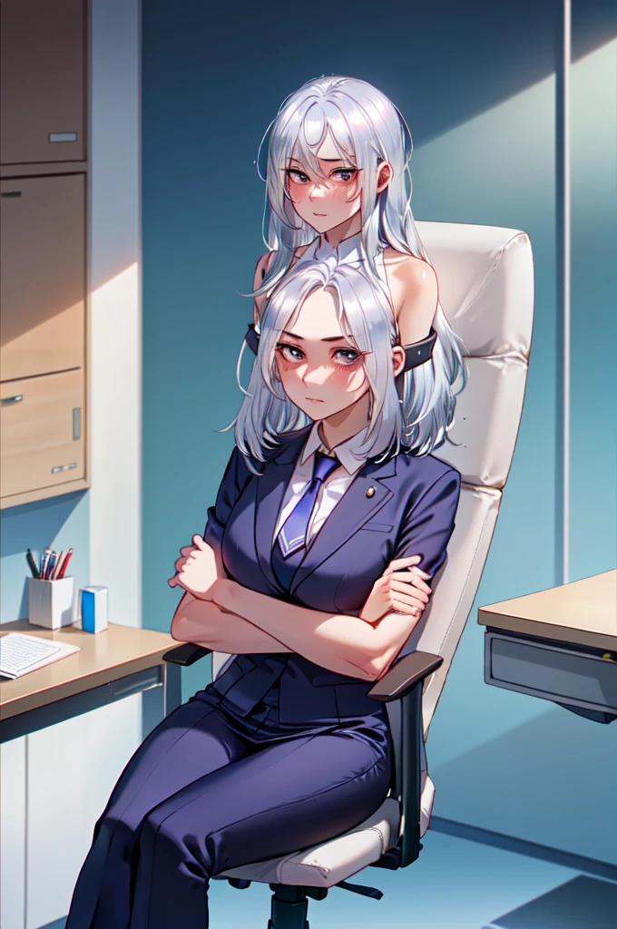 painting (by ratatatat74:1.25), 1girl, solo, (fair skin:1.31), silver hair, office suit, strict, office, arms crossed, on chair, 4K, majestic lighting, portrait.