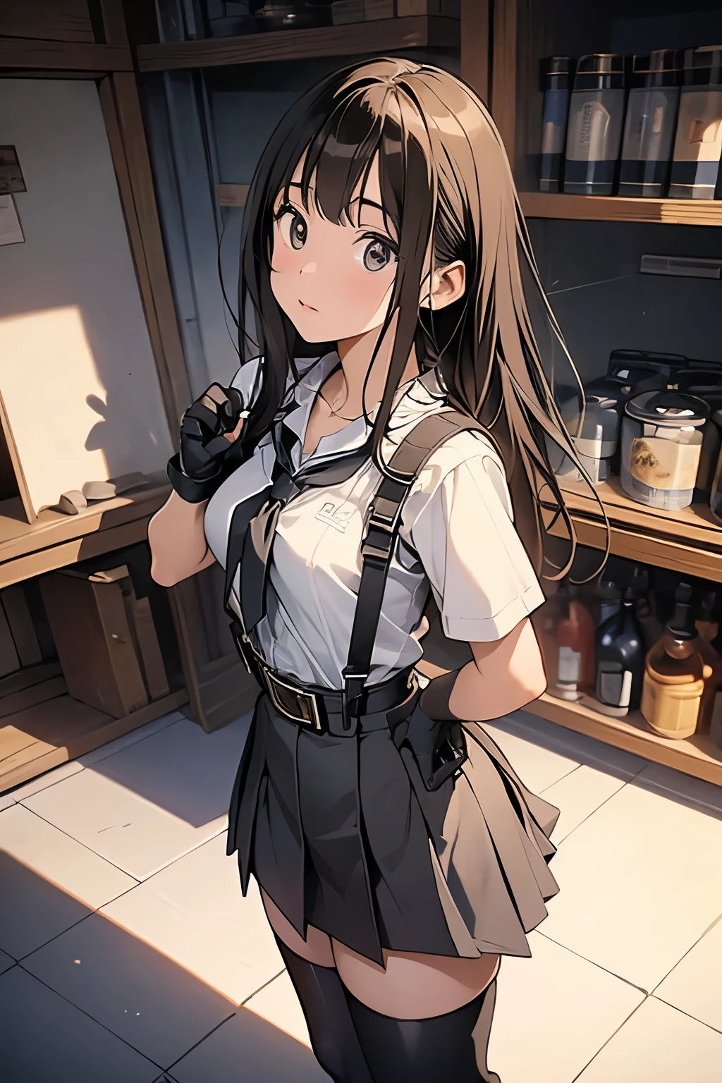 high quality, masterpiece, Ultra-high resolution, (realism: 1.4), Oil painting style, Cinema Lighting, , I stood on the empty asphalt road and looked at it., And the suspenders with the cranes flying Large Breasts Small face holster Lying in bed Looking up Sweat belt summer 脇Sweat Black Hole Gloves suit mini skirt garterbelt Leg Links ズボンにbelt holster Hands behind your back Anxious expression Looking up Anxious face Knee-high Knee socks Knee-highソックス garterbelt garter