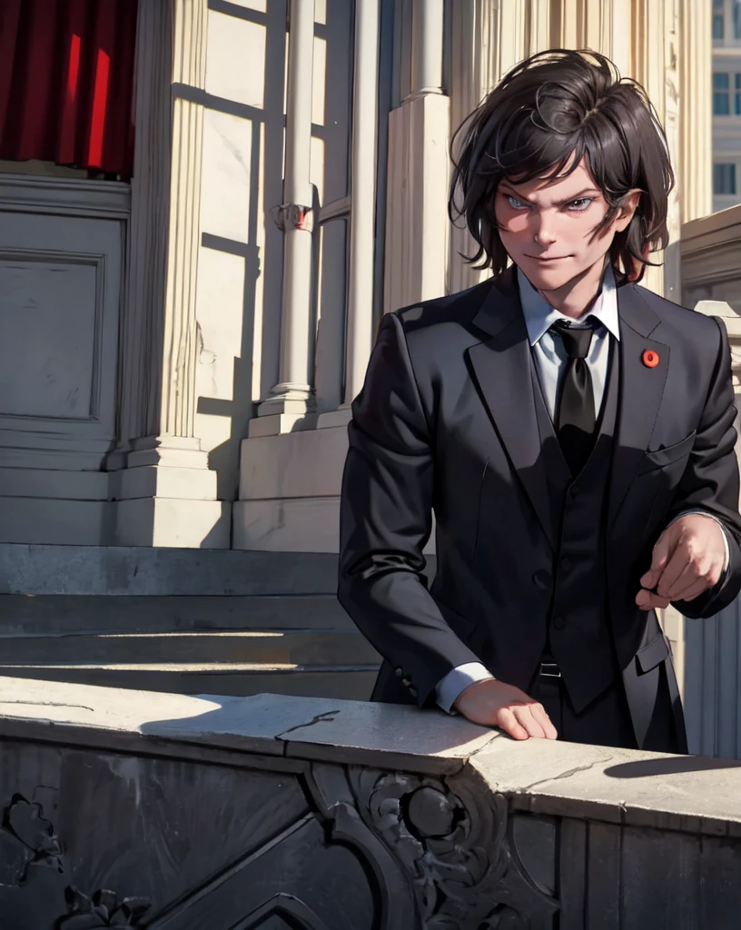 solo, imposing pose of Javier Milei on the steps of the congress of argentina, , masterpiece, best quality, portrait of sks man ,  black suit and red tie, very detailed face, high quality, serious face, evil smile,