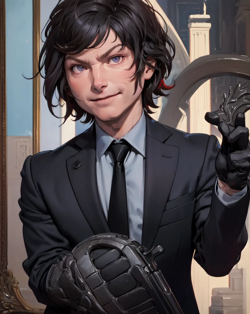 solo, imposing pose of Javier Milei on the steps of the congress of argentina, , masterpiece, best quality, portrait of sks man ,  black suit and red tie, very detailed face, high quality, serious face, evil smile,
