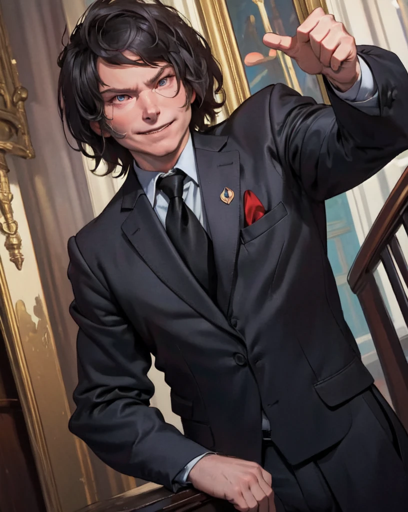 solo, imposing pose of Javier Milei on the steps of the congress of argentina, , masterpiece, best quality, portrait of sks man ,  black suit and red tie, very detailed face, high quality, serious face, evil smile,