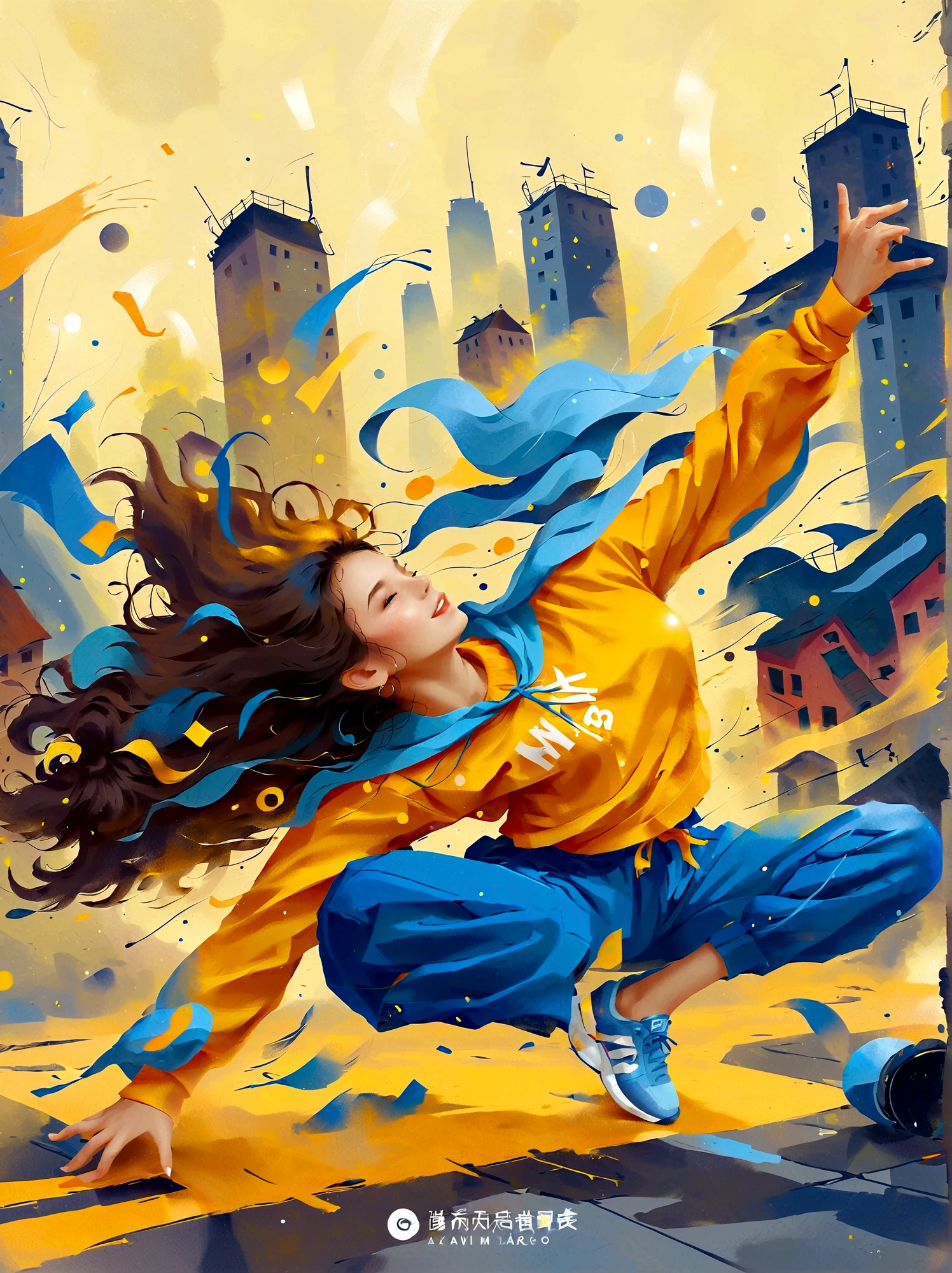A girl full of energy,Showing off her breakdancing skills on a graffiti-covered urban dance floor,She was barefoot,Loose and comfortable clothes,Perfect for dancing,Her black hair was tied into a high ponytail.,One hand rotation,Spin your feet in the air,In the heavy rain,The scene is filled with cold rain,The audience was impressed,She performed a complex move with ease.,The energy she captures is palpable,The air is filled with the rhythm of street music