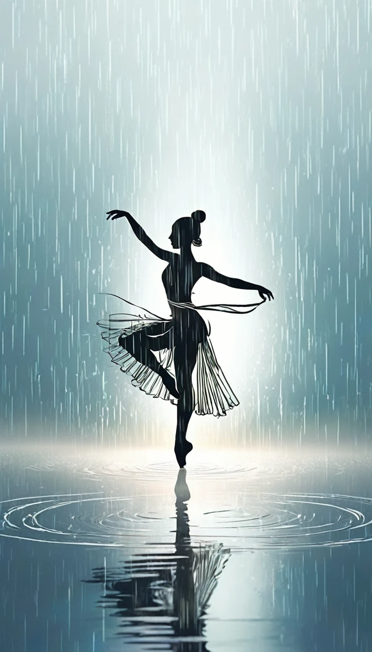 The silhouette of a ballet dancer gradually formed by the rain， 红色background, Digital Art Style, Simple lines，Silhouette of a ballet dancer dancing beautifully from above, 暴雨 dancing with the light Simple lines, Silhouette Art, background, illustration, 暴雨background, cartoon, 纯色background, texture, lotus, Warm atmosphere, Mysterious feeling, Dancing in the heavy rain, A style that displays waterspouts and light，Double Exposure，reflection