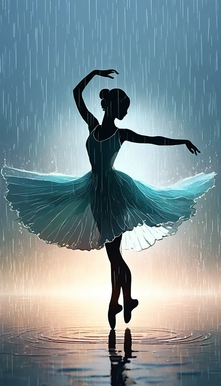 The silhouette of a ballet dancer gradually formed by the rain， 红色background, Digital Art Style, Simple lines，Silhouette of a ballet dancer dancing beautifully from above, 暴雨 dancing with the light Simple lines, Silhouette Art, background, illustration, 暴雨background, cartoon, 纯色background, texture, lotus, Warm atmosphere, Mysterious feeling, Dancing in the heavy rain, A style that displays waterspouts and light，Double Exposure，reflection