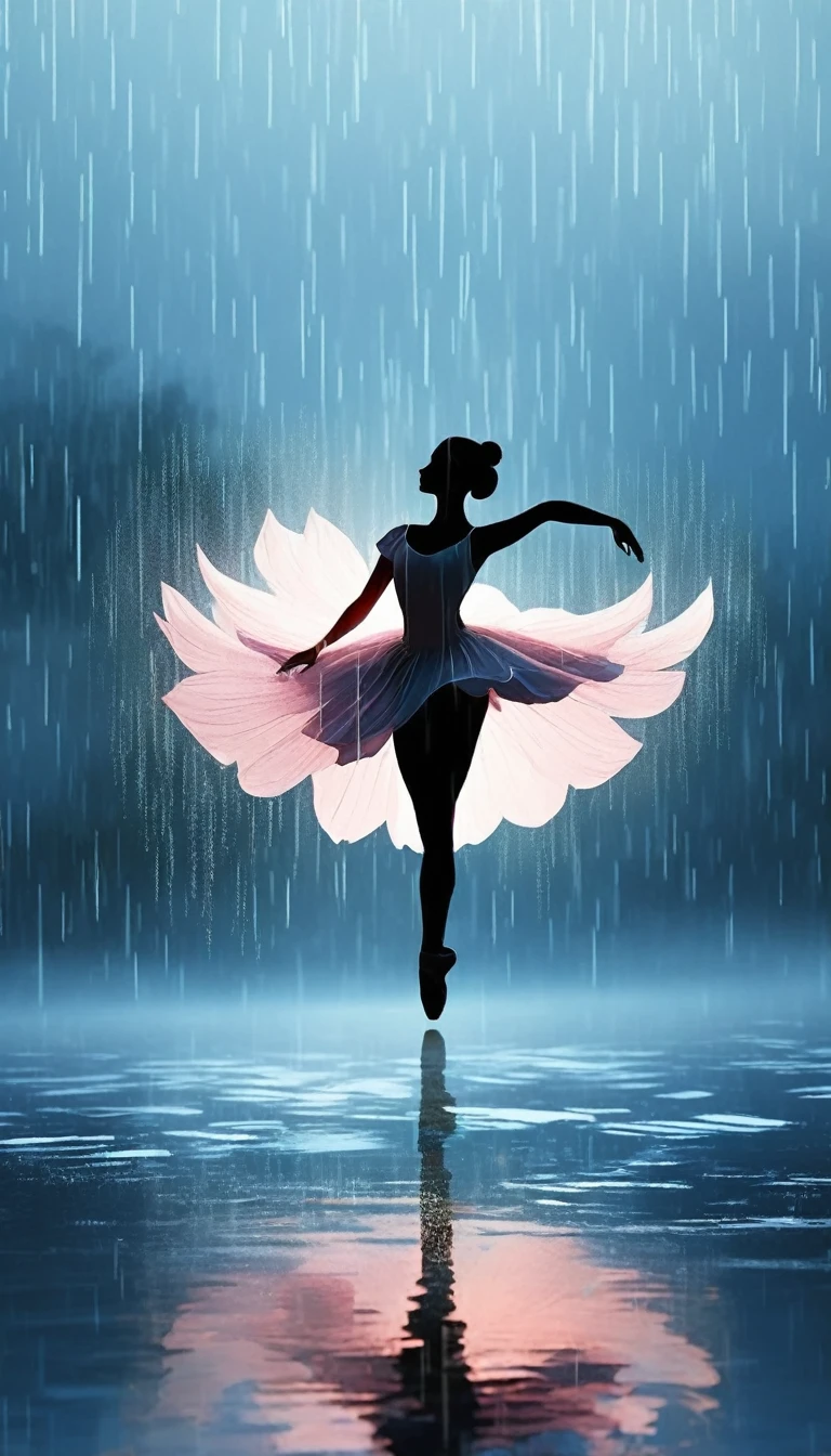 The silhouette of a ballet dancer gradually formed by the rain， 红色background, Digital Art Style, Simple lines，Silhouette of a ballet dancer dancing beautifully from above, 暴雨 dancing with the light Simple lines, Silhouette Art, background, illustration, 暴雨background, cartoon, 纯色background, texture, lotus, Warm atmosphere, Mysterious feeling, Dancing in the heavy rain, A style that displays waterspouts and light，Double Exposure，reflection