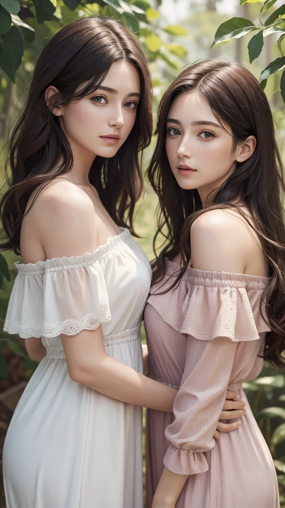 Highest quality, masterpiece, Ultra-high resolution, (Realistic:1.4), RAW Photos, Sisters、Older sister with long hair and younger sister with short hair, Off the shoulder、duet