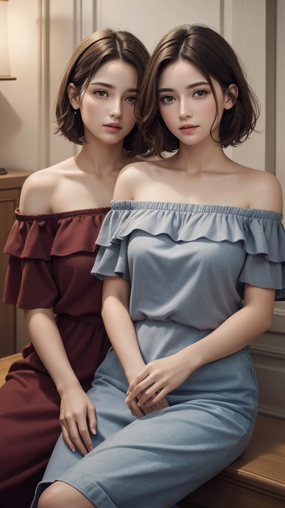 Highest quality, masterpiece, Ultra-high resolution, (Realistic:1.4), RAW Photos, Sisters、Older sister with long hair and younger sister with short hair, Off the shoulder、duet