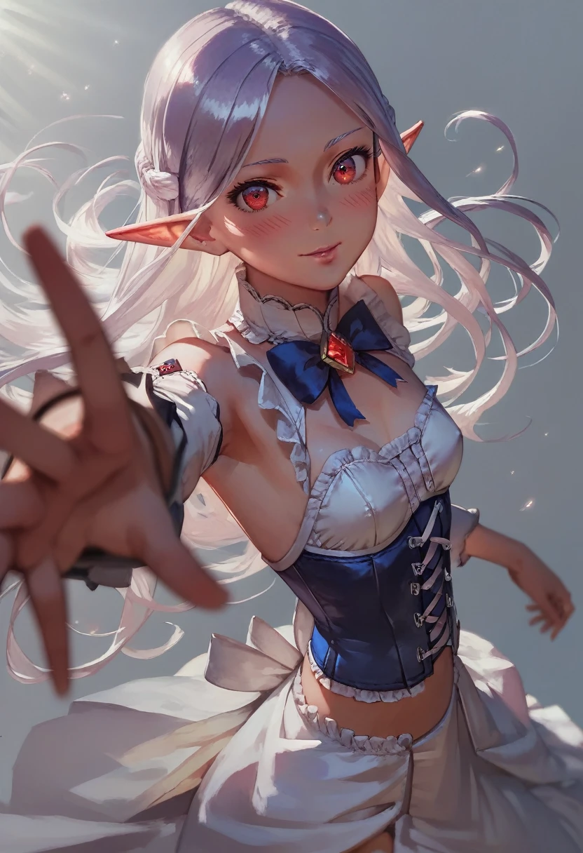 score_9, score_8_up, score_7_up, score_6_up, Character: 1 Elf girl, Anime cute, soft dark elf girl, red eyes, white long hair, mage, sweet smile, (blush:1.2), [clear and clean] pixiv (illustration), vivid,detailed, realistic, beautiful, stunning lighting, stunning reflections, , corset, from side,(side boobs), (((depth of field))), pov, ((from above)), ((close face)), small breasts, looking at viewer, action poseBackground: simple background,flat color Resolution: Ultra Wide, nice composition, top artstation piece, masterpiece
