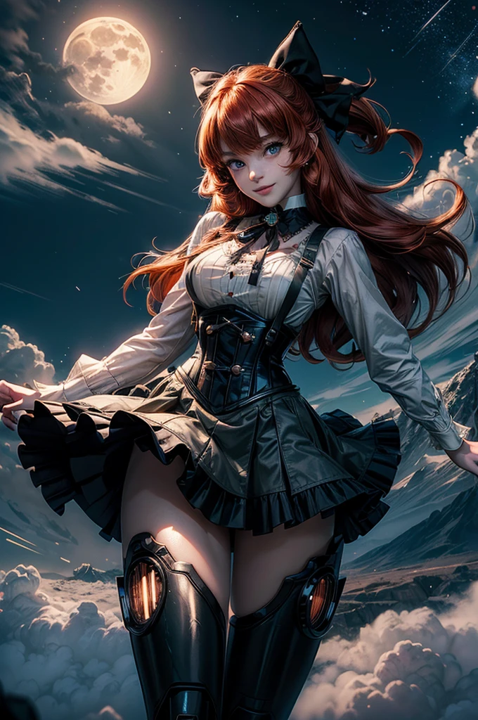night, moon, stars, cowboy shot, (dynamic pose), smile, underbust, Penny Polendina, long red hair, neck ribbon, suspender skirt, corset, black bow, white blouse, mechanical legs, neon trim, flying in the sky, blue sky, clouds (volumetric lighting), intricate details, tonemapping, sharp focus, hyper detailed
