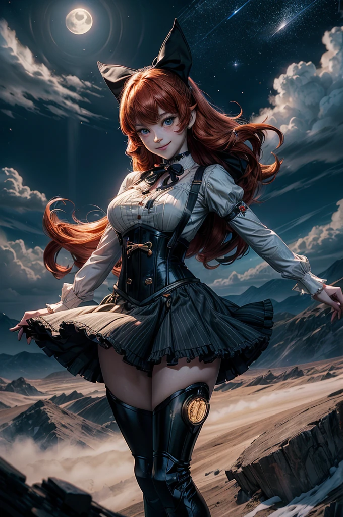 night, moon, stars, cowboy shot, (dynamic pose), smile, underbust, Penny Polendina, long red hair, neck ribbon, suspender skirt, corset, black bow, white blouse, mechanical legs, neon trim, flying in the sky, blue sky, clouds (volumetric lighting), intricate details, tonemapping, sharp focus, hyper detailed